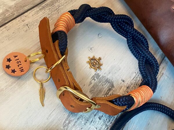 Tauleine und Halsband Set blau Cognac – Bild 5