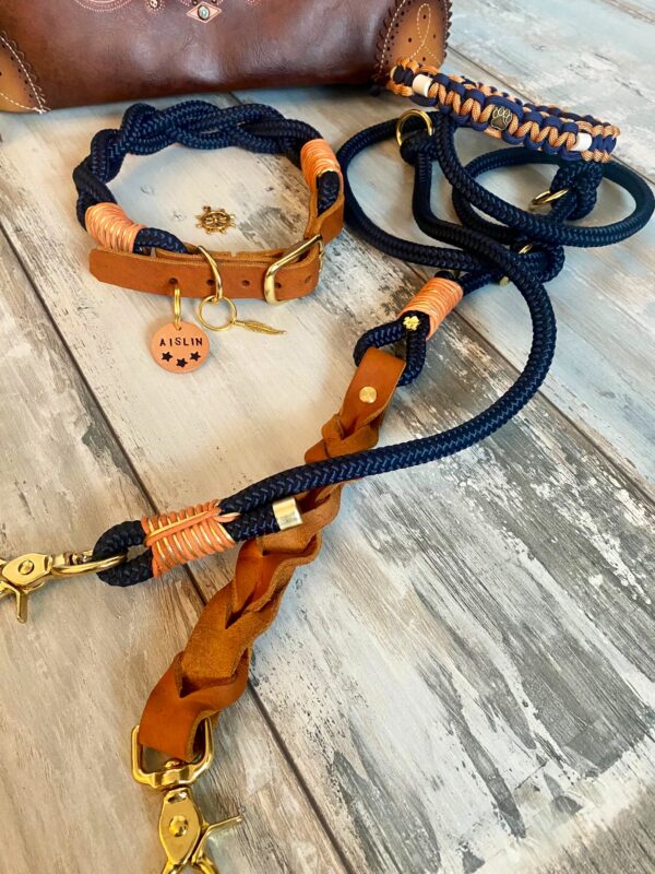 Tauleine und Halsband Set blau Cognac – Bild 2