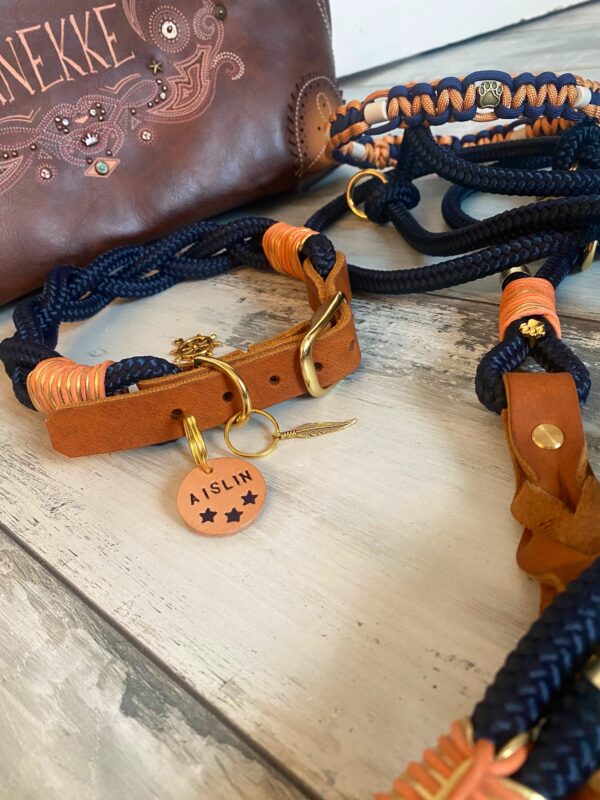 Tauleine und Halsband Set blau Cognac – Bild 6