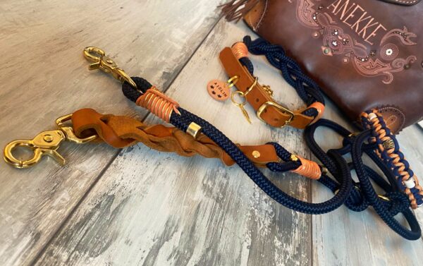 Tauleine und Halsband Set blau Cognac – Bild 7