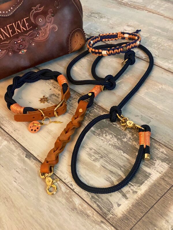 Tauleine und Halsband Set blau Cognac