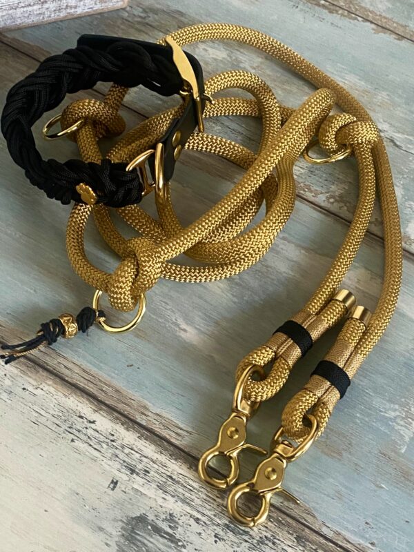 Hundeleine Tauleine und Paracord Halsband verstellbar Gold schwarz – Bild 4