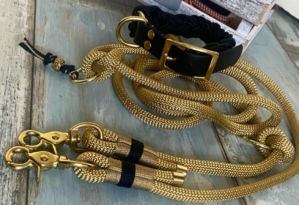 Hundeleine Tauleine und Paracord Halsband verstellbar Gold schwarz – Bild 2