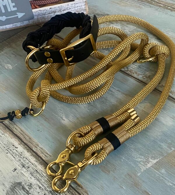 Hundeleine Tauleine und Paracord Halsband verstellbar Gold schwarz