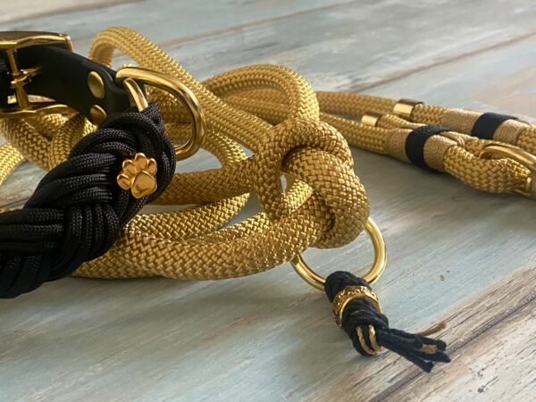 Hundeleine Tauleine und Paracord Halsband verstellbar Gold schwarz – Bild 5