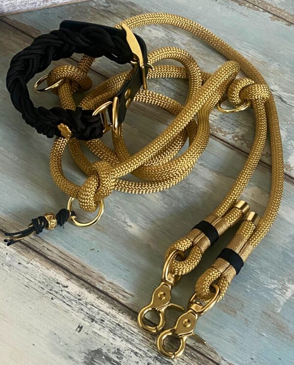 Hundeleine Tauleine und Paracord Halsband verstellbar Gold schwarz – Bild 3