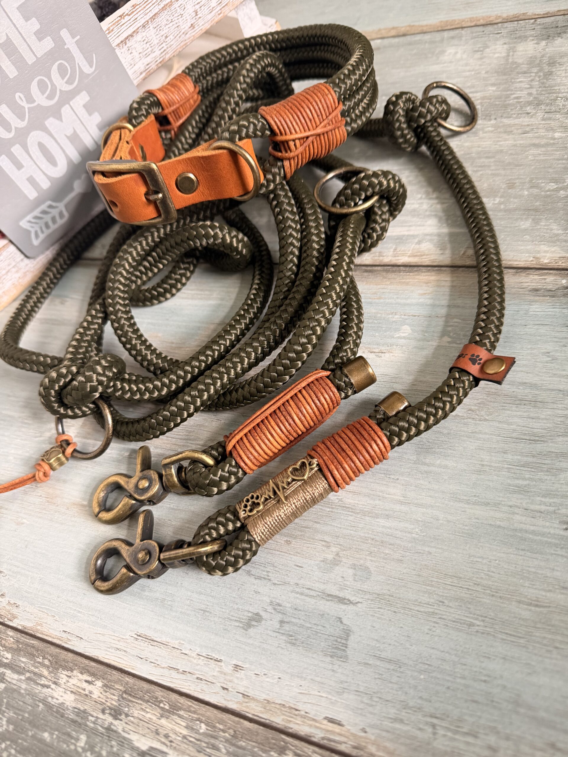 🐶 Tauleine & Tauhalsband Set – Army Green | Handgefertigt aus PPM-Seil mit Leder &Antik Messing – Bild 14