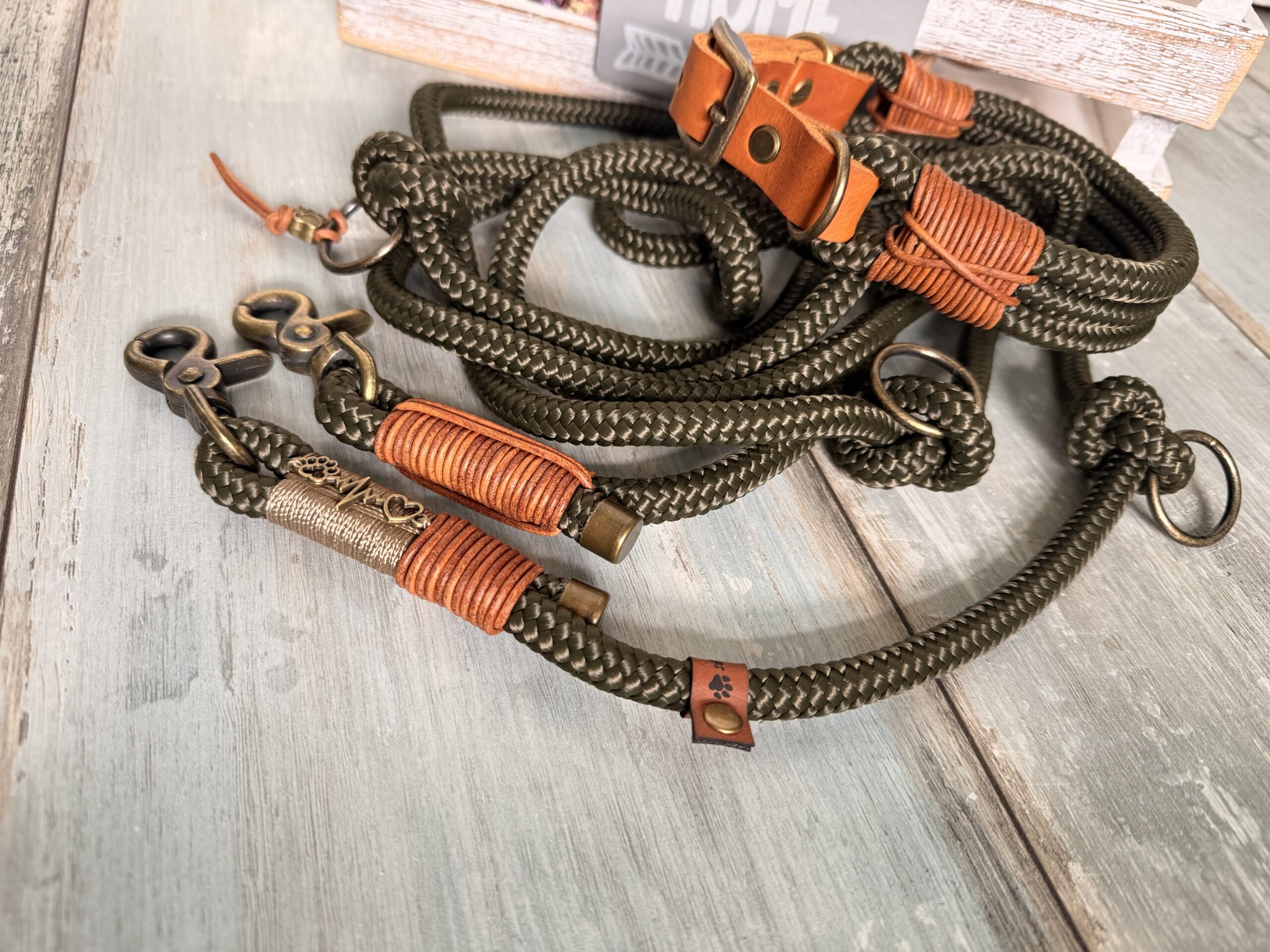 🐶 Tauleine & Tauhalsband Set – Army Green | Handgefertigt aus PPM-Seil mit Leder &Antik Messing – Bild 11