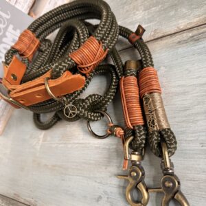 🐶 Tauleine & Tauhalsband Set – Army Green | Handgefertigt aus PPM-Seil mit Leder &Antik  Messing