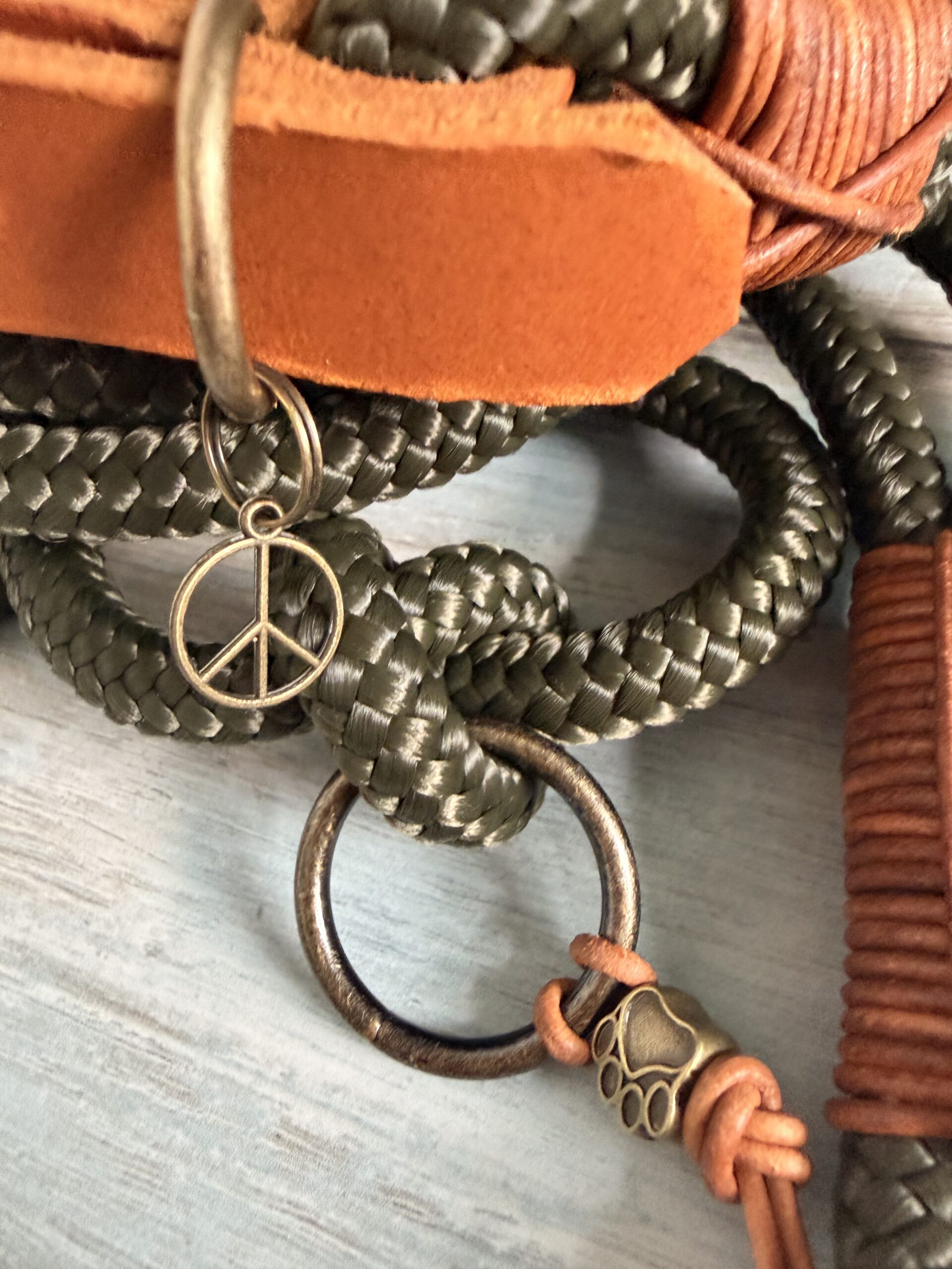🐶 Tauleine & Tauhalsband Set – Army Green | Handgefertigt aus PPM-Seil mit Leder &Antik Messing – Bild 5