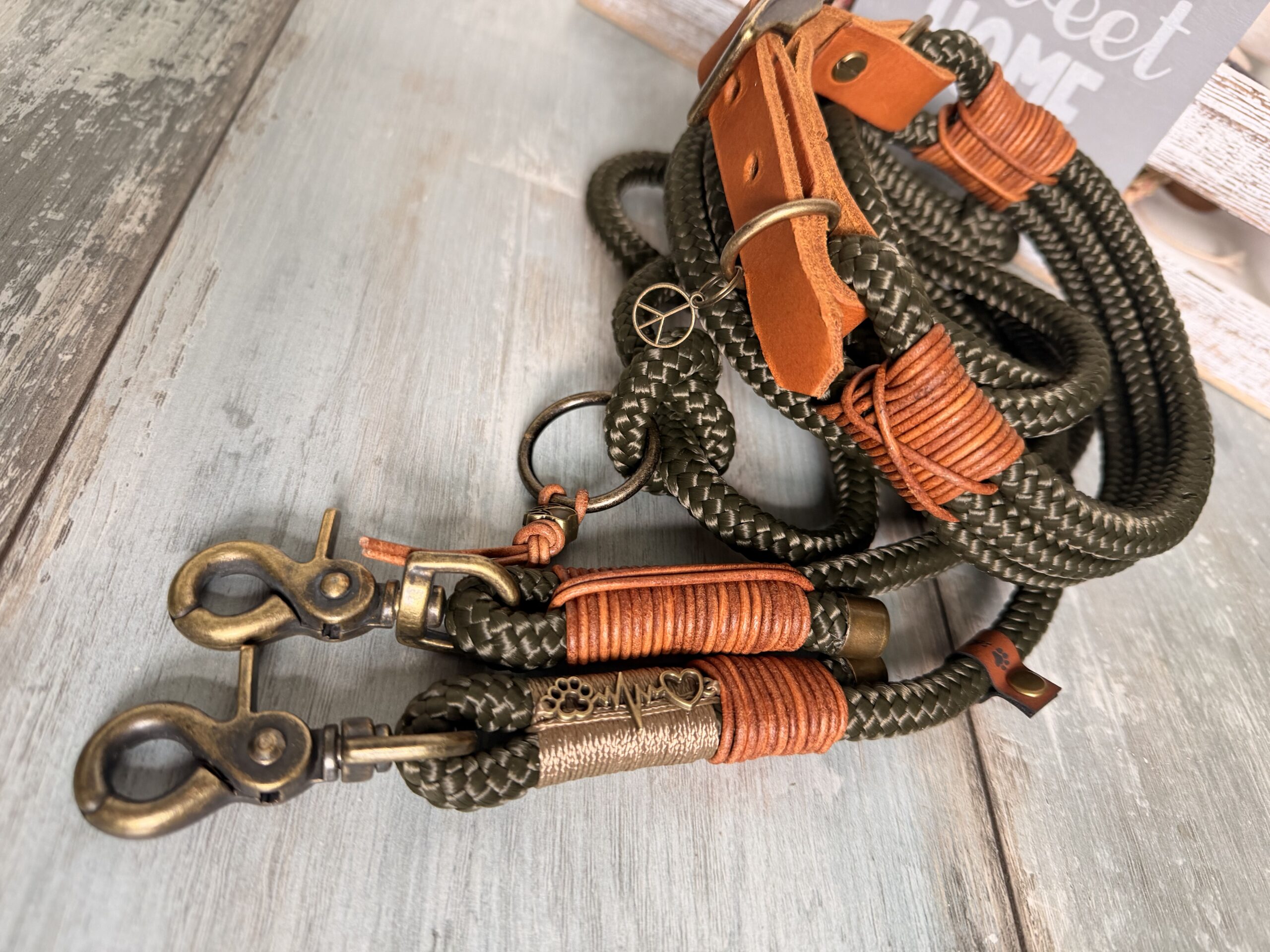 🐶 Tauleine & Tauhalsband Set – Army Green | Handgefertigt aus PPM-Seil mit Leder &Antik Messing – Bild 6