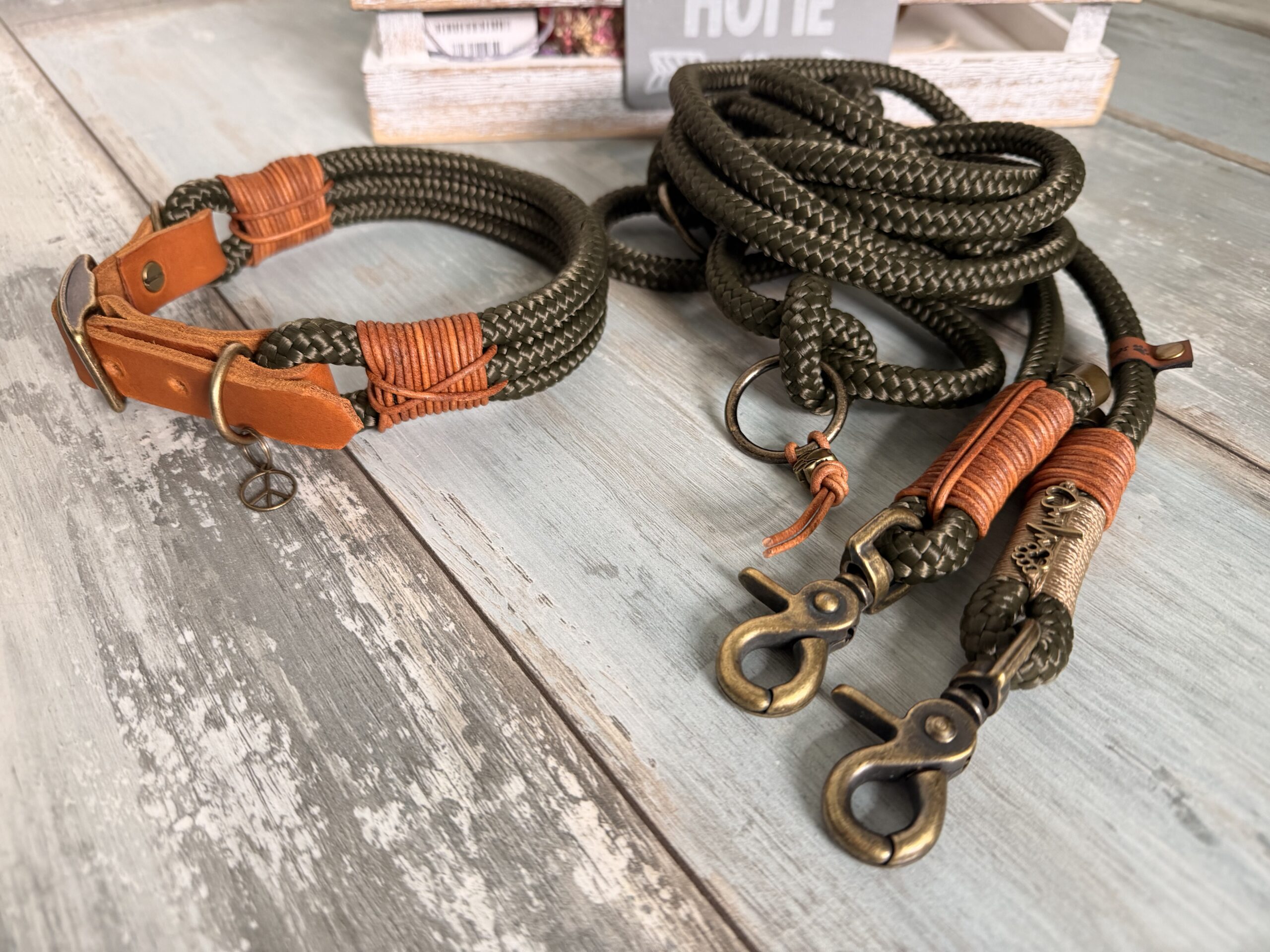 🐶 Tauleine & Tauhalsband Set – Army Green | Handgefertigt aus PPM-Seil mit Leder &Antik Messing – Bild 7