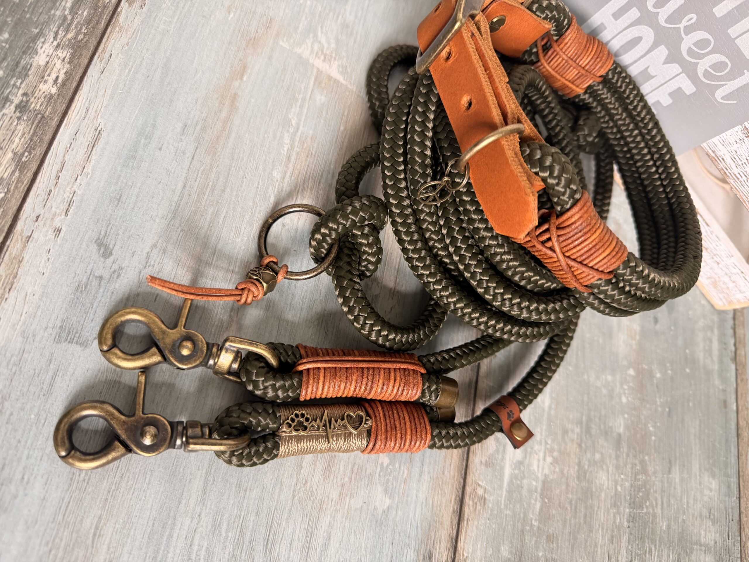 🐶 Tauleine & Tauhalsband Set – Army Green | Handgefertigt aus PPM-Seil mit Leder &Antik Messing – Bild 3