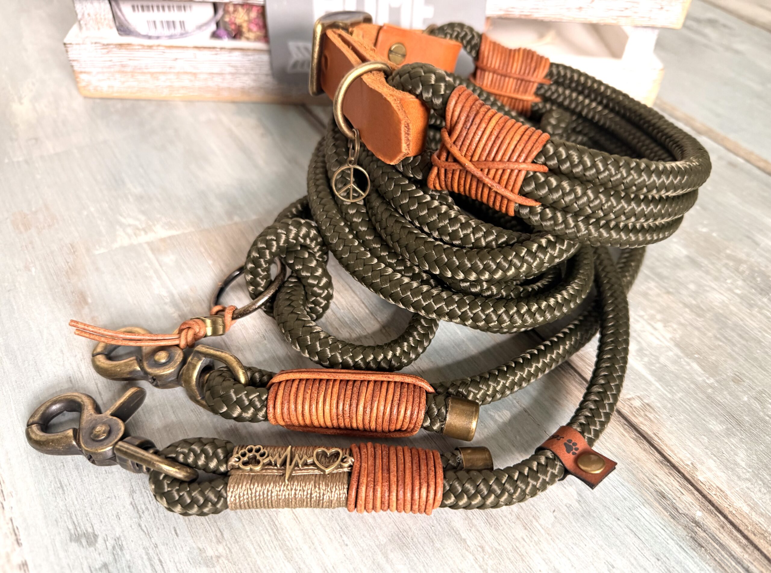 🐶 Tauleine & Tauhalsband Set – Army Green | Handgefertigt aus PPM-Seil mit Leder &Antik Messing – Bild 2