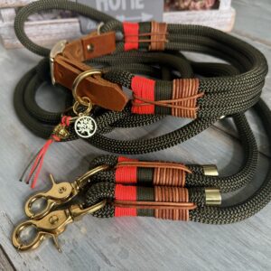 Stilvolles Tauleinen und Halsband Set verstellbar Army Green Messing