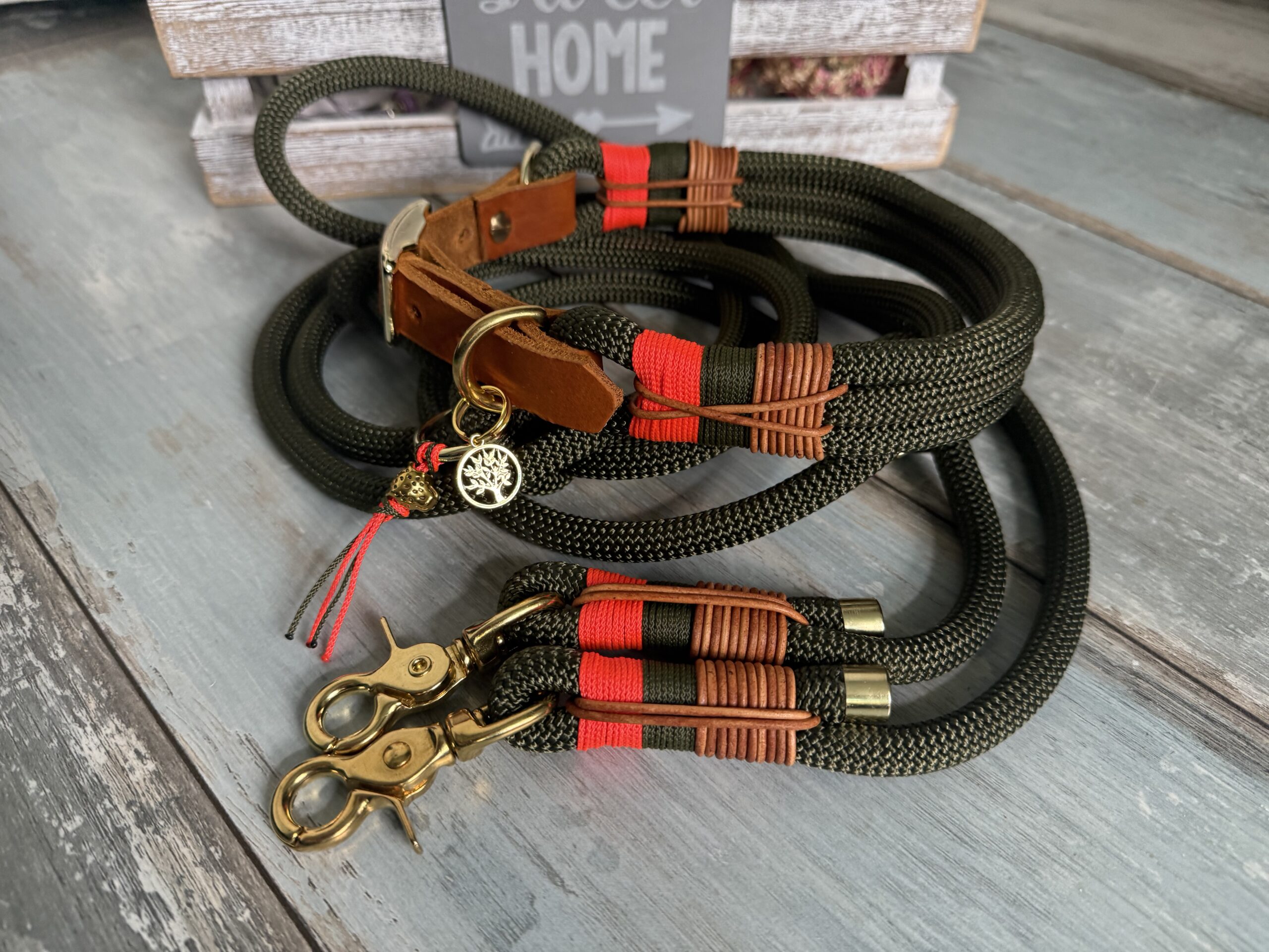 Stilvolles Tauleinen und Halsband Set verstellbar Army Green Messing – Bild 13