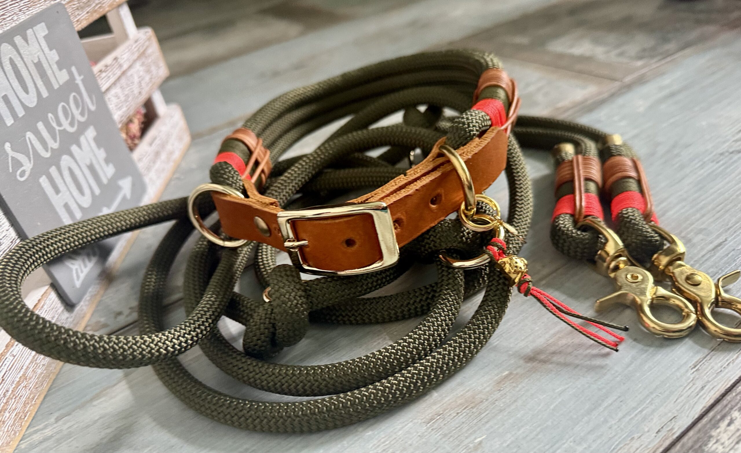 Stilvolles Tauleinen und Halsband Set verstellbar Army Green Messing – Bild 6