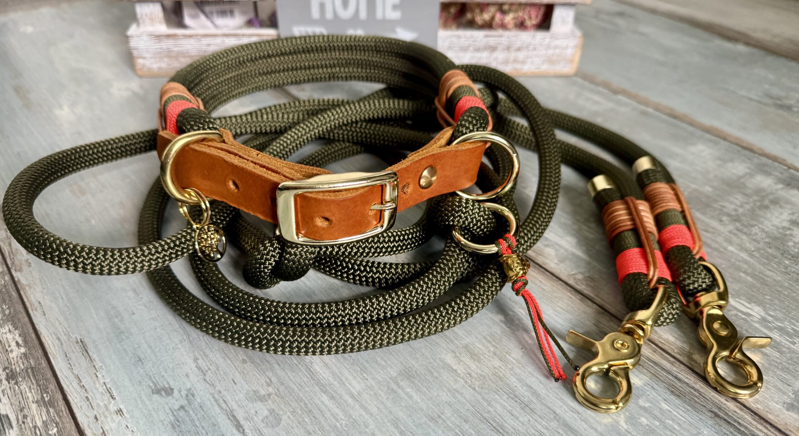 Stilvolles Tauleinen und Halsband Set verstellbar Army Green Messing – Bild 7